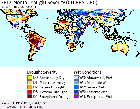 World SPI 2-Month Drought Severity (CHIRPS) Thematic Map For 9/21/2023 - 11/20/2023