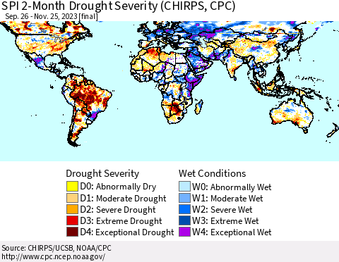 World SPI 2-Month Drought Severity (CHIRPS) Thematic Map For 9/26/2023 - 11/25/2023