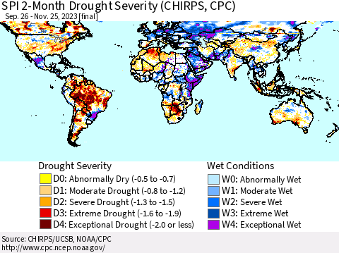 World SPI 2-Month Drought Severity (CHIRPS) Thematic Map For 9/26/2023 - 11/25/2023