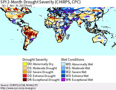 World SPI 2-Month Drought Severity (CHIRPS) Thematic Map For 10/1/2023 - 11/30/2023