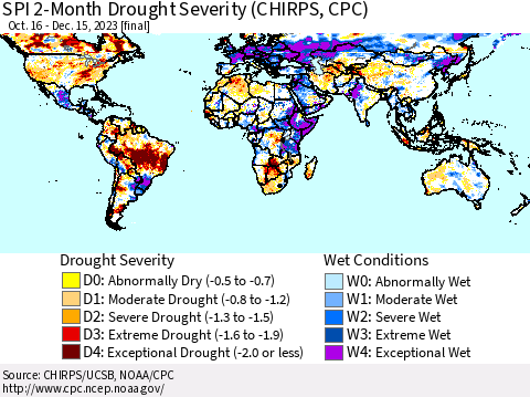 World SPI 2-Month Drought Severity (CHIRPS) Thematic Map For 10/16/2023 - 12/15/2023