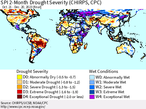 World SPI 2-Month Drought Severity (CHIRPS) Thematic Map For 10/21/2023 - 12/20/2023