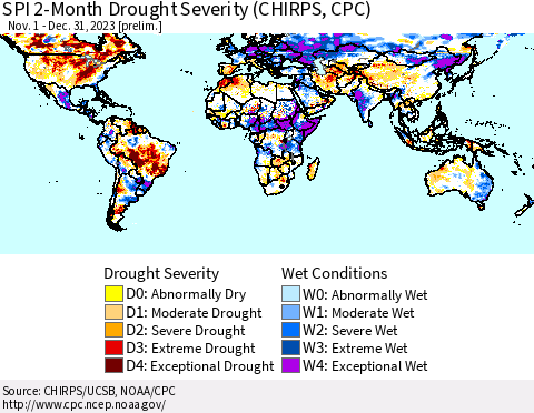 World SPI 2-Month Drought Severity (CHIRPS) Thematic Map For 11/1/2023 - 12/31/2023