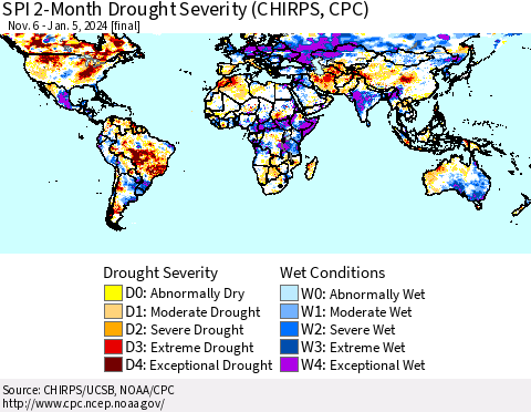 World SPI 2-Month Drought Severity (CHIRPS) Thematic Map For 11/6/2023 - 1/5/2024