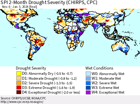 World SPI 2-Month Drought Severity (CHIRPS) Thematic Map For 11/6/2023 - 1/5/2024