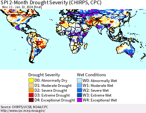 World SPI 2-Month Drought Severity (CHIRPS) Thematic Map For 11/11/2023 - 1/10/2024