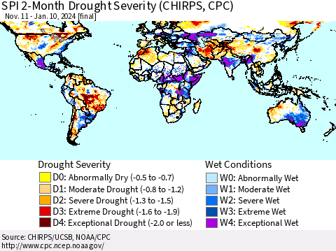 World SPI 2-Month Drought Severity (CHIRPS) Thematic Map For 11/11/2023 - 1/10/2024