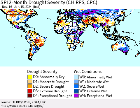 World SPI 2-Month Drought Severity (CHIRPS) Thematic Map For 11/16/2023 - 1/15/2024