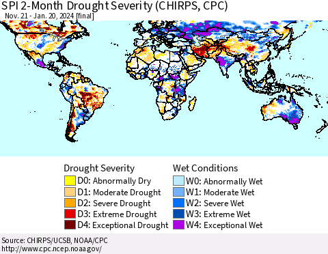 World SPI 2-Month Drought Severity (CHIRPS) Thematic Map For 11/21/2023 - 1/20/2024