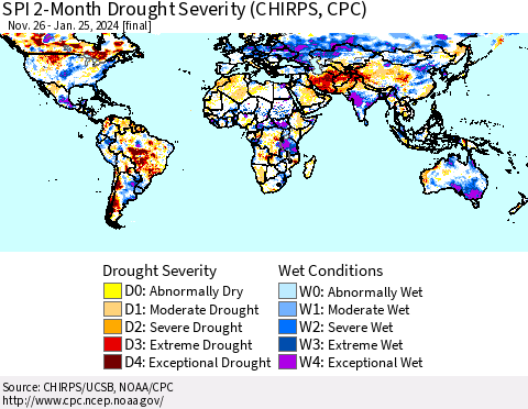World SPI 2-Month Drought Severity (CHIRPS) Thematic Map For 11/26/2023 - 1/25/2024