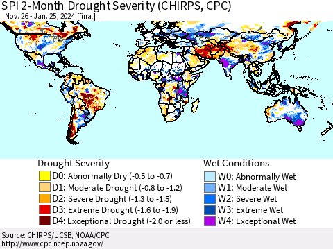 World SPI 2-Month Drought Severity (CHIRPS) Thematic Map For 11/26/2023 - 1/25/2024