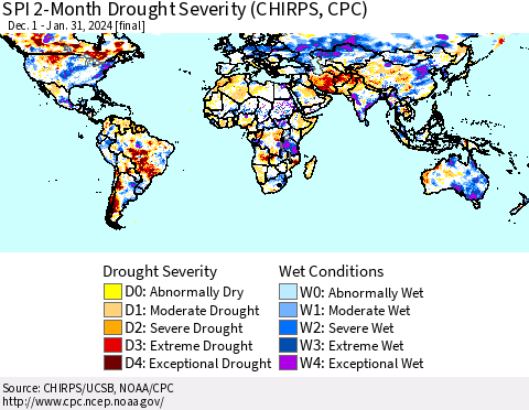 World SPI 2-Month Drought Severity (CHIRPS) Thematic Map For 12/1/2023 - 1/31/2024