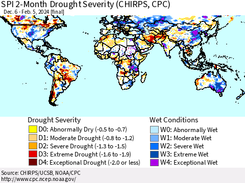 World SPI 2-Month Drought Severity (CHIRPS) Thematic Map For 12/6/2023 - 2/5/2024