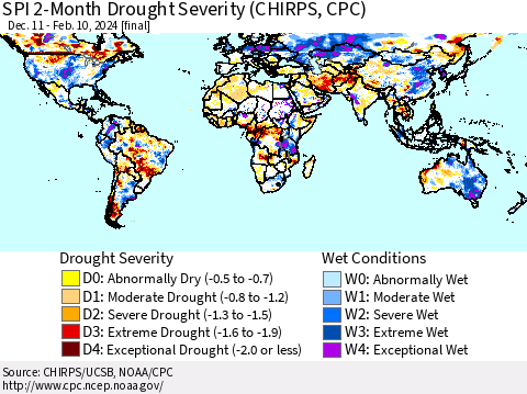 World SPI 2-Month Drought Severity (CHIRPS) Thematic Map For 12/11/2023 - 2/10/2024