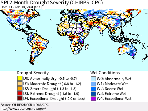 World SPI 2-Month Drought Severity (CHIRPS) Thematic Map For 12/11/2023 - 2/10/2024