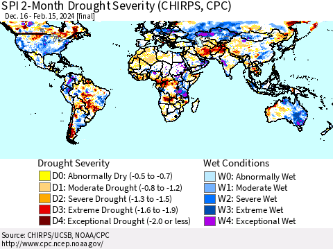 World SPI 2-Month Drought Severity (CHIRPS) Thematic Map For 12/16/2023 - 2/15/2024