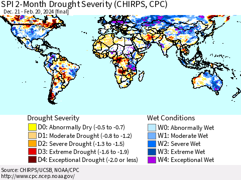 World SPI 2-Month Drought Severity (CHIRPS) Thematic Map For 12/21/2023 - 2/20/2024