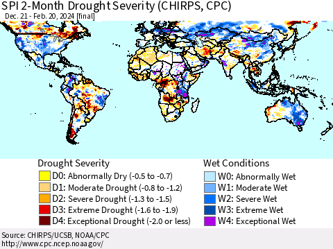 World SPI 2-Month Drought Severity (CHIRPS) Thematic Map For 12/21/2023 - 2/20/2024