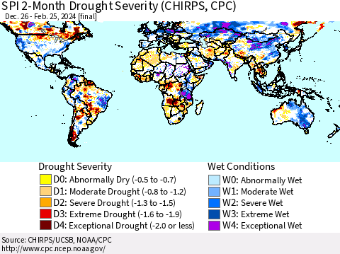 World SPI 2-Month Drought Severity (CHIRPS) Thematic Map For 12/26/2023 - 2/25/2024