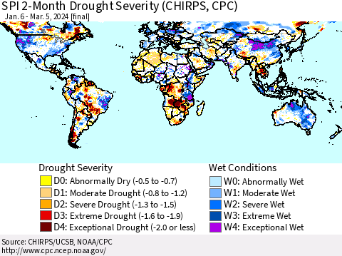 World SPI 2-Month Drought Severity (CHIRPS) Thematic Map For 1/6/2024 - 3/5/2024