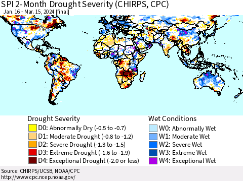World SPI 2-Month Drought Severity (CHIRPS) Thematic Map For 1/16/2024 - 3/15/2024