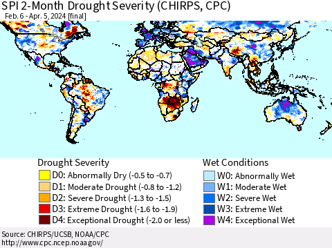 World SPI 2-Month Drought Severity (CHIRPS) Thematic Map For 2/6/2024 - 4/5/2024