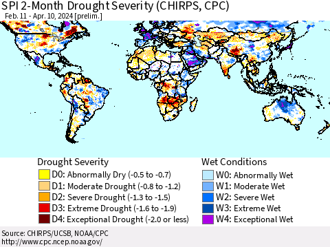 World SPI 2-Month Drought Severity (CHIRPS) Thematic Map For 2/11/2024 - 4/10/2024