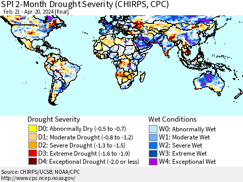 World SPI 2-Month Drought Severity (CHIRPS) Thematic Map For 2/21/2024 - 4/20/2024