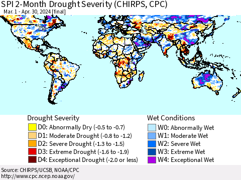 World SPI 2-Month Drought Severity (CHIRPS) Thematic Map For 3/1/2024 - 4/30/2024
