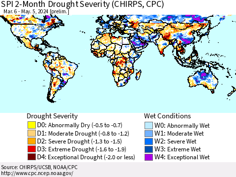 World SPI 2-Month Drought Severity (CHIRPS) Thematic Map For 3/6/2024 - 5/5/2024