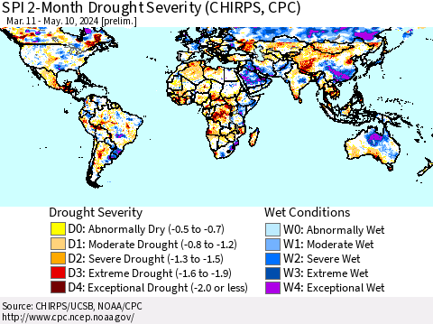 World SPI 2-Month Drought Severity (CHIRPS) Thematic Map For 3/11/2024 - 5/10/2024