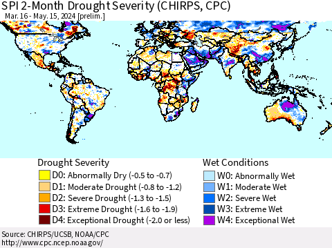 World SPI 2-Month Drought Severity (CHIRPS) Thematic Map For 3/16/2024 - 5/15/2024