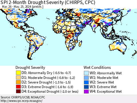 World SPI 2-Month Drought Severity (CHIRPS) Thematic Map For 3/26/2024 - 5/25/2024