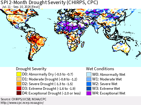 World SPI 2-Month Drought Severity (CHIRPS) Thematic Map For 7/11/2024 - 9/10/2024
