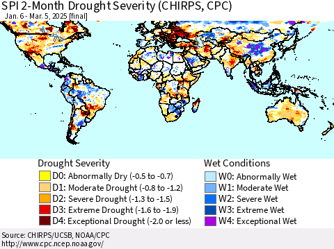 World SPI 2-Month Drought Severity (CHIRPS) Thematic Map For 1/6/2025 - 3/5/2025