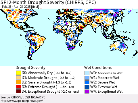 World SPI 2-Month Drought Severity (CHIRPS) Thematic Map For 2/26/2025 - 4/25/2025