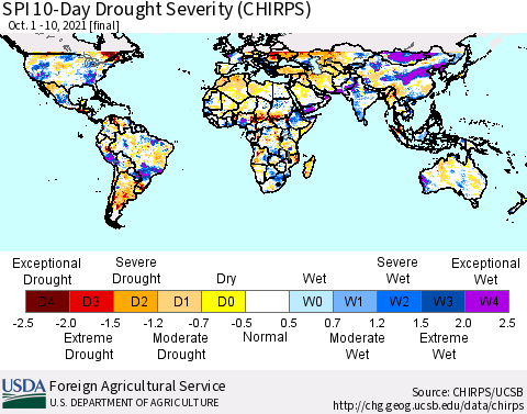 World SPI 10-Day Drought Severity (CHIRPS) Thematic Map For 10/1/2021 - 10/10/2021