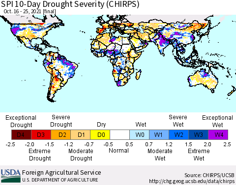 World SPI 10-Day Drought Severity (CHIRPS) Thematic Map For 10/16/2021 - 10/25/2021