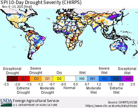 World SPI 10-Day Drought Severity (CHIRPS) Thematic Map For 11/6/2021 - 11/15/2021