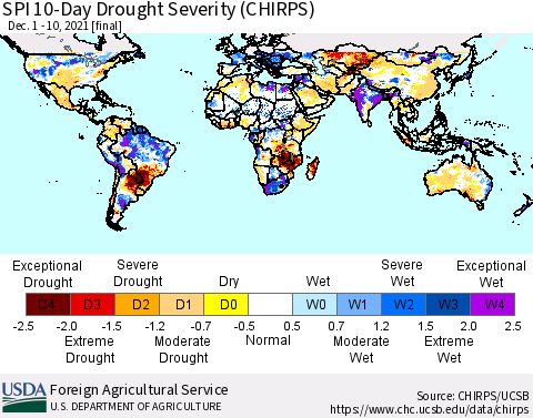 World SPI 10-Day Drought Severity (CHIRPS) Thematic Map For 12/1/2021 - 12/10/2021