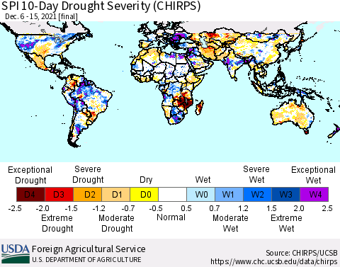 World SPI 10-Day Drought Severity (CHIRPS) Thematic Map For 12/6/2021 - 12/15/2021