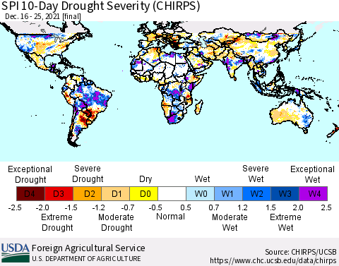 World SPI 10-Day Drought Severity (CHIRPS) Thematic Map For 12/16/2021 - 12/25/2021