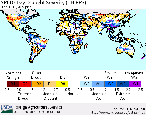 World SPI 10-Day Drought Severity (CHIRPS) Thematic Map For 2/1/2022 - 2/10/2022