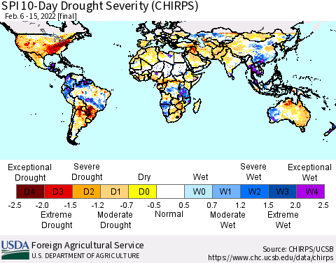 World SPI 10-Day Drought Severity (CHIRPS) Thematic Map For 2/6/2022 - 2/15/2022