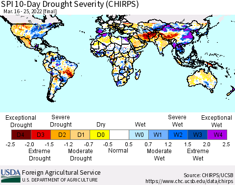 World SPI 10-Day Drought Severity (CHIRPS) Thematic Map For 3/16/2022 - 3/25/2022