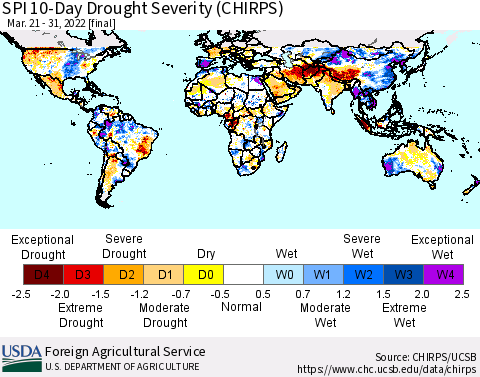 World SPI 10-Day Drought Severity (CHIRPS) Thematic Map For 3/21/2022 - 3/31/2022