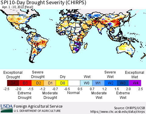 World SPI 10-Day Drought Severity (CHIRPS) Thematic Map For 4/1/2022 - 4/10/2022