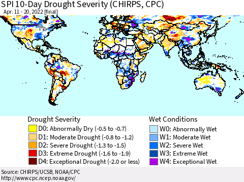 World SPI 10-Day Drought Severity (CHIRPS) Thematic Map For 4/11/2022 - 4/20/2022