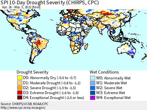 World SPI 10-Day Drought Severity (CHIRPS) Thematic Map For 4/26/2022 - 5/5/2022