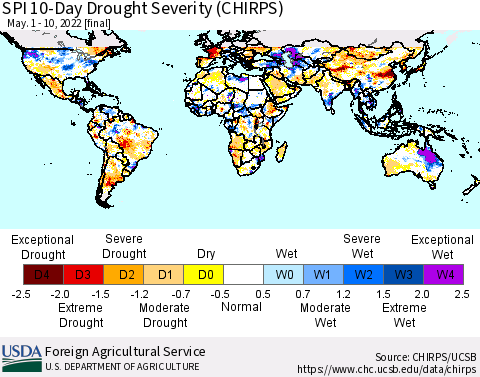 World SPI 10-Day Drought Severity (CHIRPS) Thematic Map For 5/1/2022 - 5/10/2022